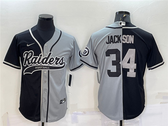 Men's Las Vegas Raiders #34 Bo Jackson Black/Grey Split With Patch Cool Base Stitched Jersey